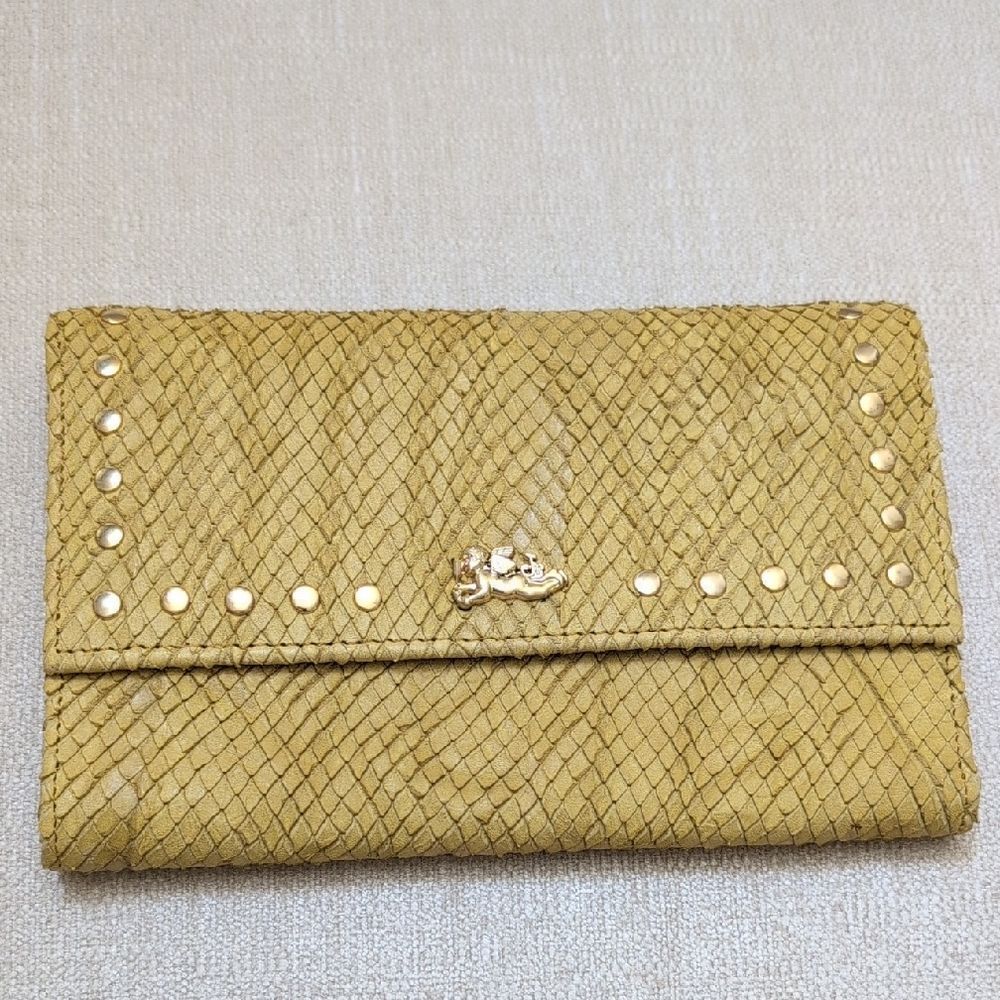 Elegant Gold Leather Tri-Fold Wallet Clutch with Studded Detail Made In Italy